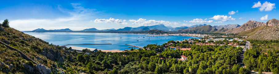 View of the coastline on Majorca Spain, beautiful bay of Port de Pollenca Mediterranean Sea