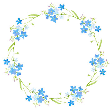 Round frame with forget-me-nots flowers.Green and blue floral wreath.Watercolor hand drawn illustration.