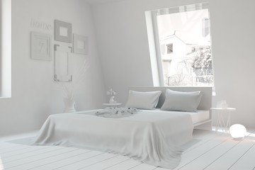 White bedroom and grey landscape in window. Scandinavian interior design. 3D illustration