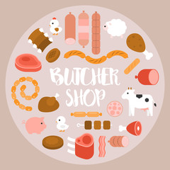 Butchery product icon such as sausage, ham, pepperoni and animal arrange in circle shape, flat design