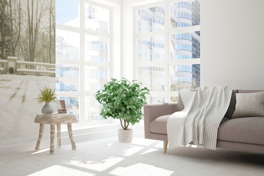 White room with sofa and urban  landscape in window. Scandinavian interior design. 3D illustration