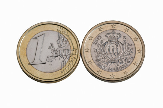 San Marino one euro coins macro in white