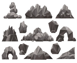 Cartoon 3d rock and stone set vector illustration. Mountain rocks and pile of stones isolated on white background