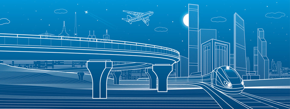 Automobile highway, infrastructure and transportation panorama, airplane fly, train move, night city, towers and skyscrapers, urban scene, vector design art