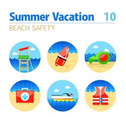 Lifeguard beach safety icon set. Summer. Vacation