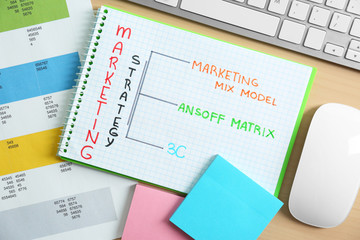 Stationery and computer on table. Marketing concept