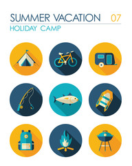 Summer camping flat icon set. Holiday
