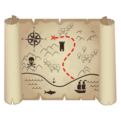 Illustration of old treasure map. Vector.
