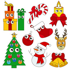 Funny Christmas Holiday set, the collection of coloring book template, the group of outline digital elements.