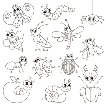 Cute small insects set, the big page to be colored, simple education game for kids.