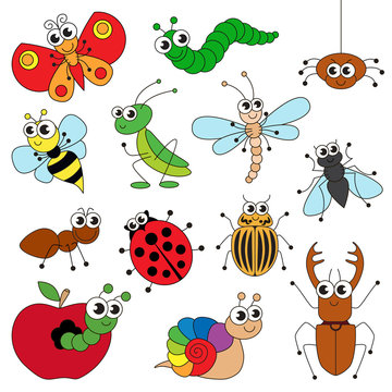 Cute small insects set, the collection of coloring book template, the group of outline digital elements.