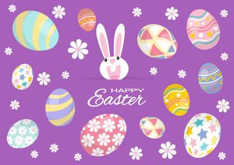 Colorful Happy Easter greeting card with rabbit, bunny and eggs