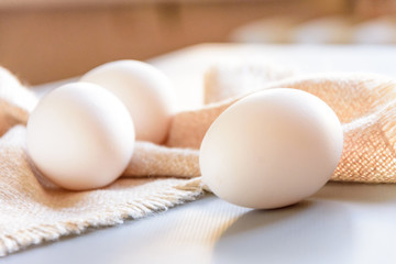 White fresh eggs on gray background.  Rural still life, natural organic healthy food with free space. Close up