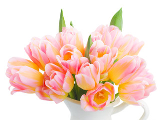 Obraz premium Posy of fresh pink and yellow tulips close up isolated on white background