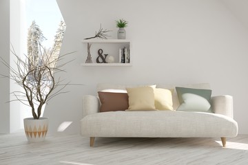 White room with sofa and winter landscape in window. Scandinavian interior design. 3D illustration