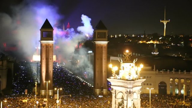 New Year celebrations with city lights at Placa Espana in Barcelona