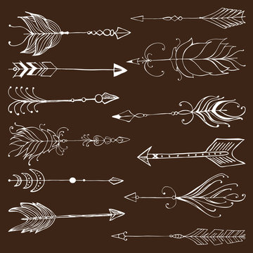 Monochrome tribal set with arrows, hand drawn ethnic collection with arrows for design, rustic decorative arrows, hippie and boho style vector illustration 