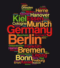 List of cities and towns in GERMANY, map word cloud collage, business and travel concept background