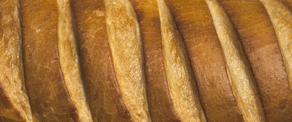 Crusty beread loaf top, crust close up, background panorama.
