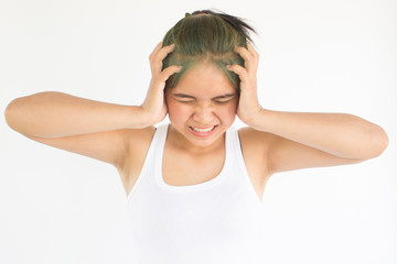 Fototapeta premium Headache woman or stress woman on white background