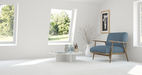 White room with armchair and green landscape in window. Scandinavian interior design. 3D illustration