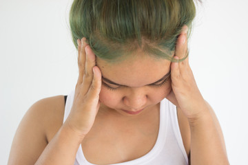 Fototapeta premium Headache woman or stress woman on white background