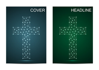 Brochure cover template with religious christian cross. Connection structure with line and dots. Vector illustration