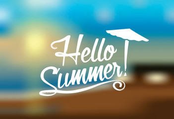 Summer card on blurred background vector illustration. Hello summer text.