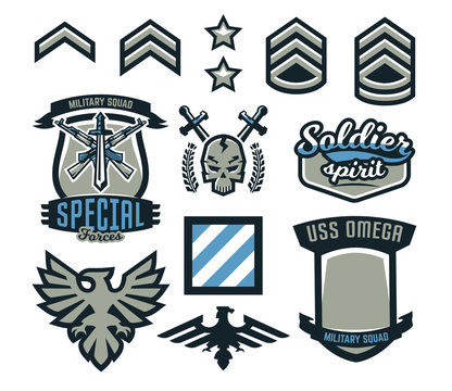 Set of military and military badges. Emblems, automatic weapons, skull, lettering, sword, eagle, wings, templates. Vector illustration, printing on T-shirts