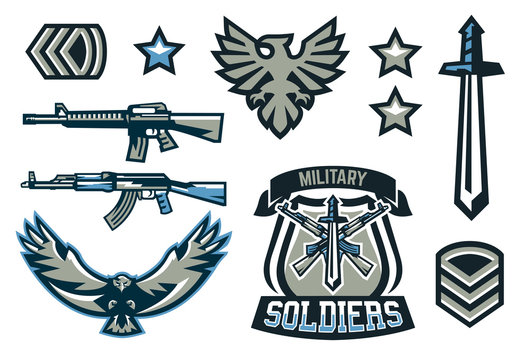 Set of military and military badges. Emblems, automatic weapons, lettering, sword, eagle, wings, templates. Vector illustration, printing on T-shirts