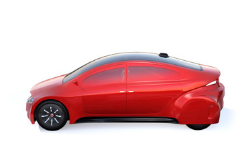 Side view of red autonomous vehicle isolated on white background. 3D rendering image. Original design.