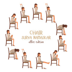 Round vector illustration of chair sun salutation positions. Woman in suit doing yoga at work. Office worker doing Surya namaskar asana. Workout picture on white isolated background.