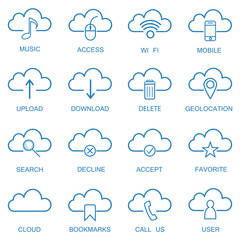Multimedia cloud outline icons set. Linear vector illustration
