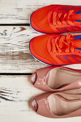 Women's shoes in row. Enjoy walking outdoors.