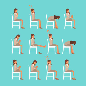 Vector illustration of chair sun salutation positions. Woman in suit doing yoga at work. Office worker doing Surya namaskar asana. Workout picture on blue background.