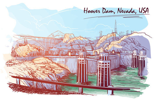 Hoover Dam stunning panoramic view Sketch drawn and painted digitally to give watercolour painting feel. EPS10 vector illustration.