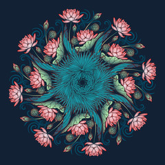 Lotus background. Floral decorative ornament. Water lilies palm tree and banana leaves arrenged in circular wreath isolated on deep blue background. EPS10 vector illustration.