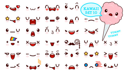 Set of cute kawaii emoticon face and sweet cotton candy kawaii. Collection emoticon manga, cartoon style. Vector illustration. Adorable characters icons design