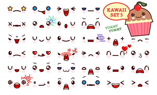 Set of cute kawaii emoticon face and sweet cake kawaii. Collection emoticon manga, cartoon style. Vector illustration. Adorable characters icons design