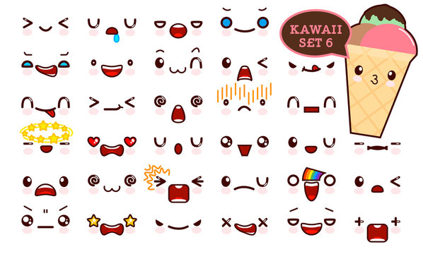 Set of cute kawaii emoticon face and sweet ice cream kawaii. Collection emoticon manga, cartoon style. Vector illustration. Adorable characters icons design