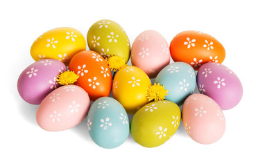 Fototapeta na wymiar Multi-colored Easter eggs, flowers, isolated on white background.