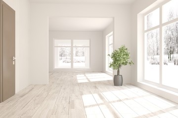 White empty room with winter landscape in window. Scandinavian interior design. 3D illustration