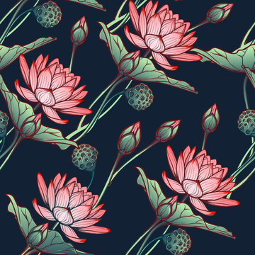 Lotus background. Floral seamless pattern with water lilies isolated on deep blue background. Diagonal rhythm. EPS10 vector illustration.