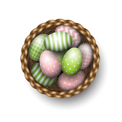 Basket with painted easter eggs on white background, illustration