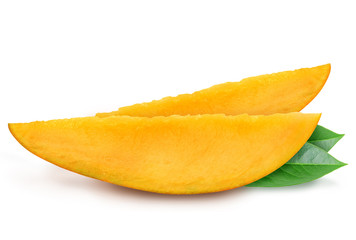 Juicy fresh two slices of mango with leaves isolated on a white background. Ripe tropical fruit with antioxidant effect.