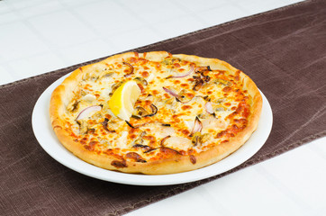 Pizza With Fish, Lemon Slices And  Cheese
