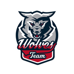 Emblem, logo, sticker, aggressive wolf ready to attack, predator. Vector illustration