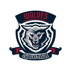 Naklejka premium Emblem, logo, sticker, aggressive wolf ready to attack, predator. Vector illustration