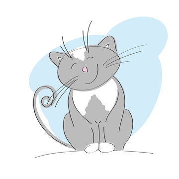 Smiling happy gray cat - original hand drawn illustration