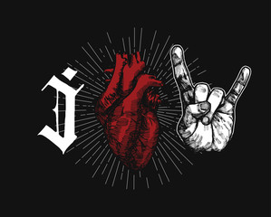rock hand sign of horns gothic print - i love rock